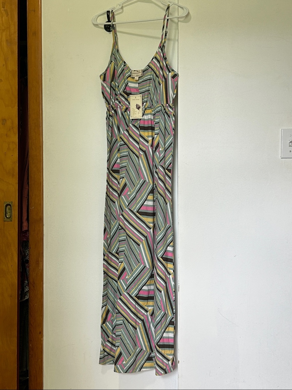 NWT : Pink Rose Striped Geometric Maxi Dress in Gray, Pink & Yellow